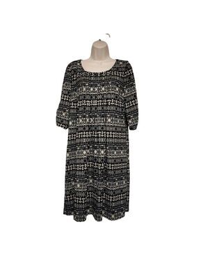 Perceptions New York black tan dress tucks Tribal pattern 3/4 sleeve Mis…